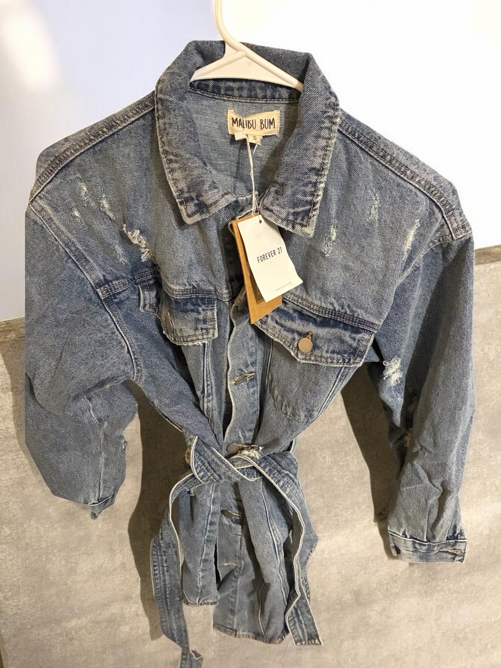 Malibu Washed Light Blue Distressed Denim Tie-Waist Dress